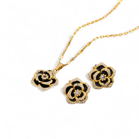 Pretty black flower necklace set